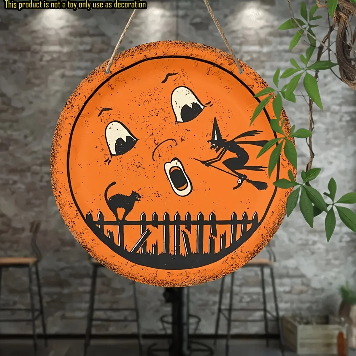 flat Halloween round wooden sign - ghost witch, black cat and full moon - Halloween decoration, no power required