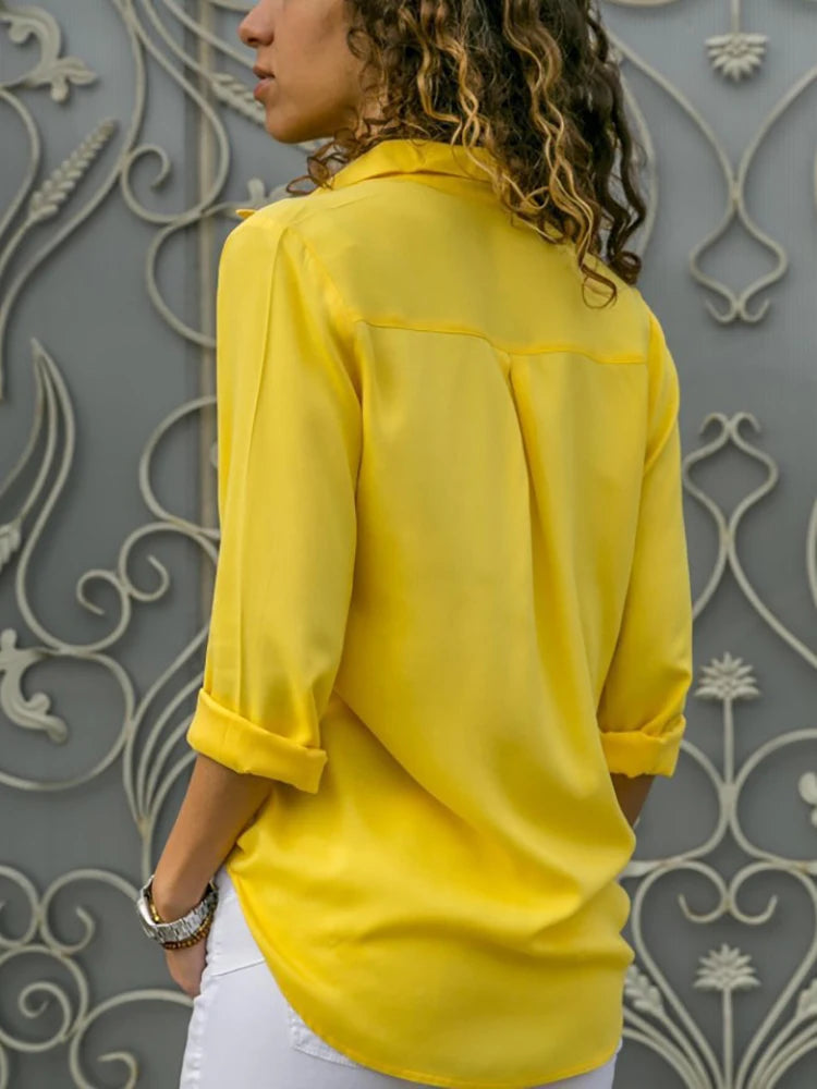 Women's Elegant Chiffon Blouse — Long Sleeve V-Neck Loose Office Shirt