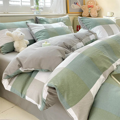 3/4 Pcs Blue Checkered Bedding Set Simple Style Soft Skin Friendly Duvet Cover Flat Sheet and Pillowcases Single Double Bed Sets