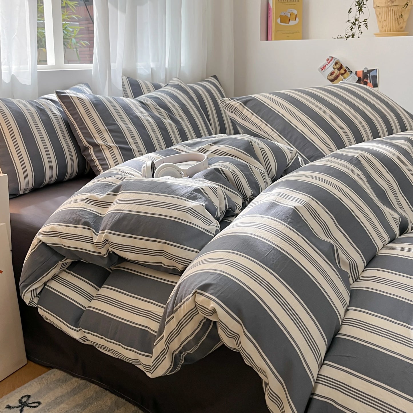 3/4 Pcs Blue Checkered Bedding Set Simple Style Soft Skin Friendly Duvet Cover Flat Sheet and Pillowcases Single Double Bed Sets