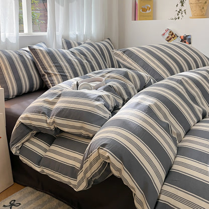 3/4 Pcs Blue Checkered Bedding Set Simple Style Soft Skin Friendly Duvet Cover Flat Sheet and Pillowcases Single Double Bed Sets