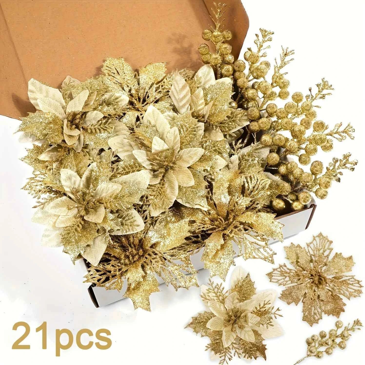 21Pcs Artificial Flowers Berry Bouquet Christmas Decoration Vase for Home Room Decor Fake Flowers Garland Ornament Accessories