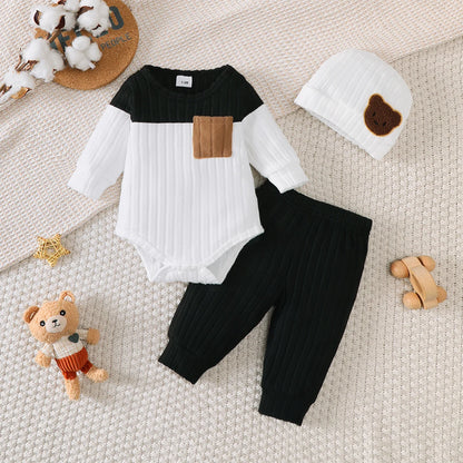 3Pcs/Set of Newborn Baby Boy Color Blocked Long Sleeved Bodysuit+Pants+Cute Hat Set 0-18 Months Baby Boy Spring and Autumn Set