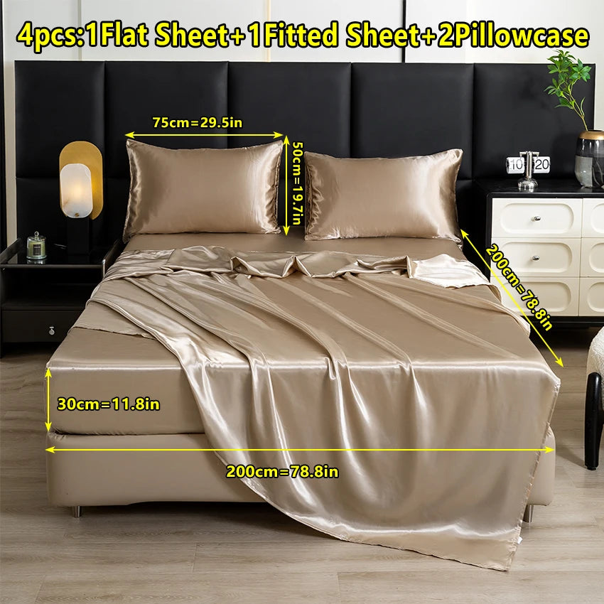 4-Piece Solid Color Satin Bed Sheet Set – Luxurious Soft Skin-Friendly Bedding (Flat Sheet, Fitted Sheet & 2 Pillowcases)