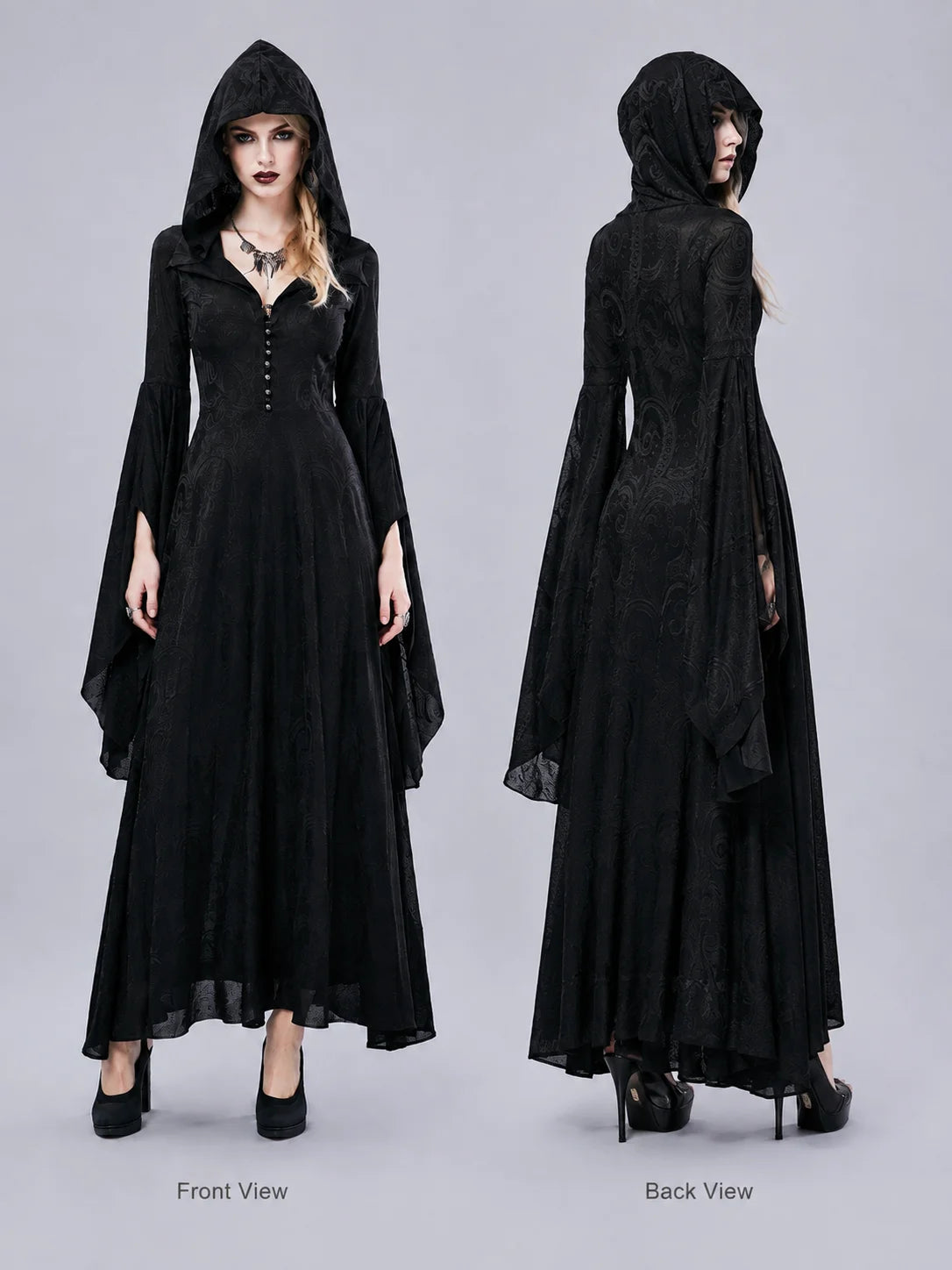 Women Gothic Witch Hooded Maxi Dress Bell Long Sleeve Jacquard Mesh V‑Neck Button Front Floor‑Length Gown Halloween Cosplay Costume for Party Carnival