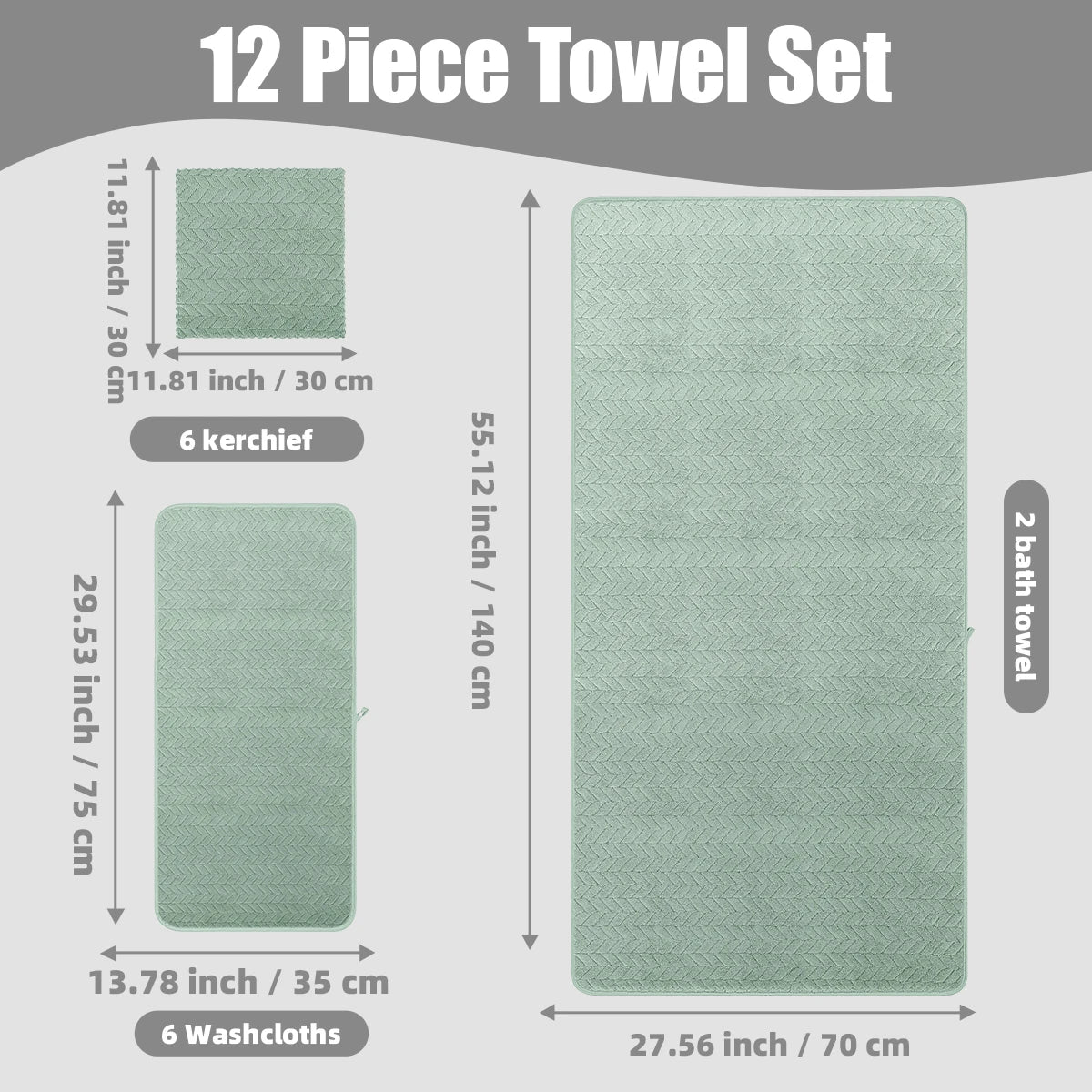 12-Piece Towel Set, 2 Bath Towels + 4 Hand Towels + 6 Face Towels, Soft