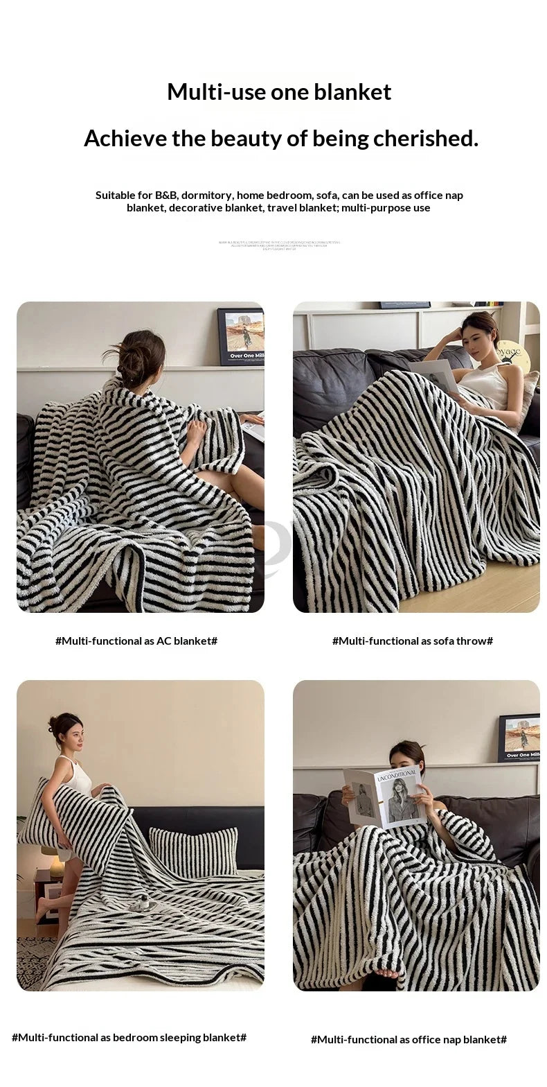 Imitation Rabbit Plush Striped Blanket Fluffy Soft Fleece Throw Blanket for Sofa Single Double Spring Autumn Warm Bed Blankets