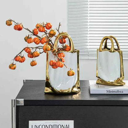 Handbag Shape Vase Gold-plated Ceramic Plant Pot Table Decoration Flower Arrangement Flowers Vases Room Aesthetic Decor