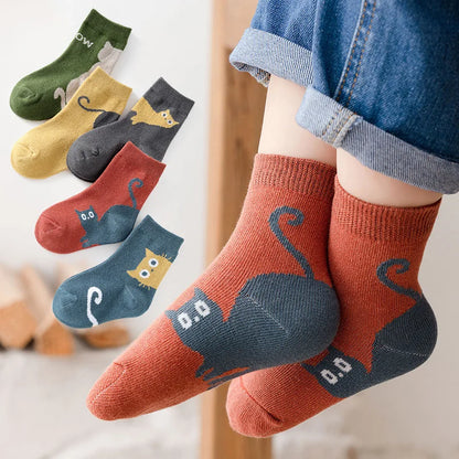 5 Pairs Kids Socks Cartoon Cat Pattern Comfortable Breathable Children Socks For Boys And Girls