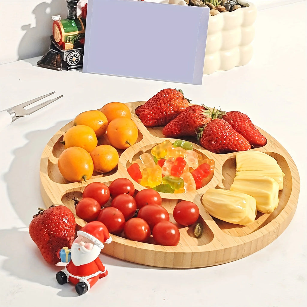 Wooden Divided Serving Trays Appetizer Tray 5 Dining Grids Snacks Bowls Round Serving Tray Serving Dishes Perfect for Parties
