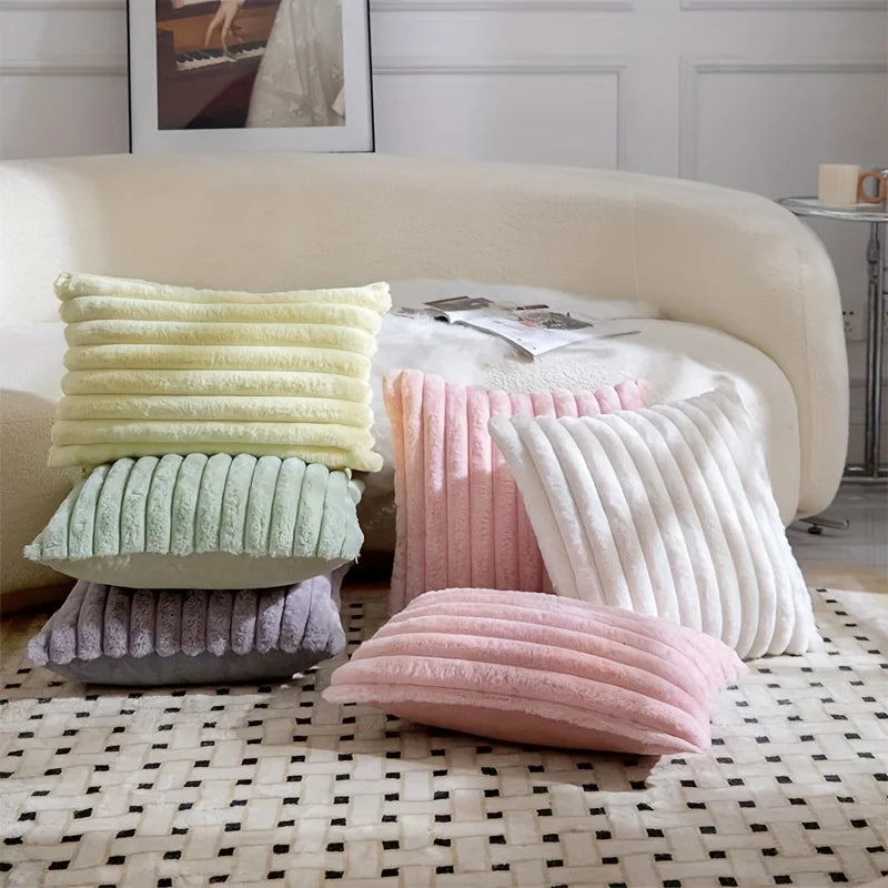 Fuzzy Striped Plush Throw Pillow Cover, Green