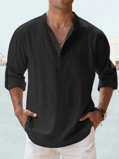 Men's Cotton Linen Long Sleeve Henley Beach Shirt — Lightweight Hawaiian T-Shirt