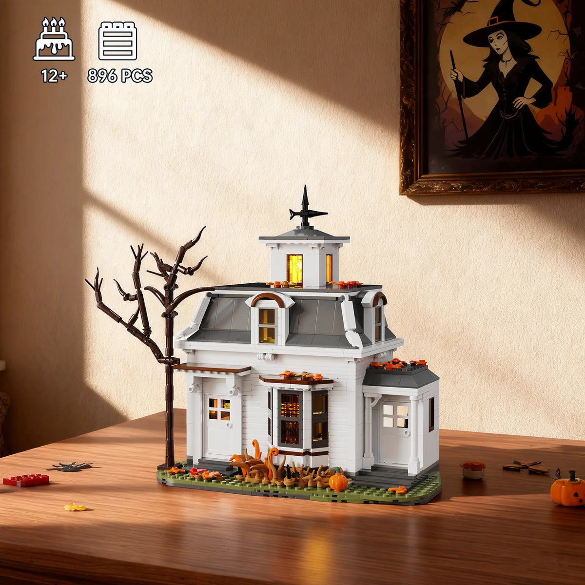 Halloween White Cottage Magic House Building Set Creative Architecture Model Home Decoration Room Desktop Display Collectible Gift for Adult
