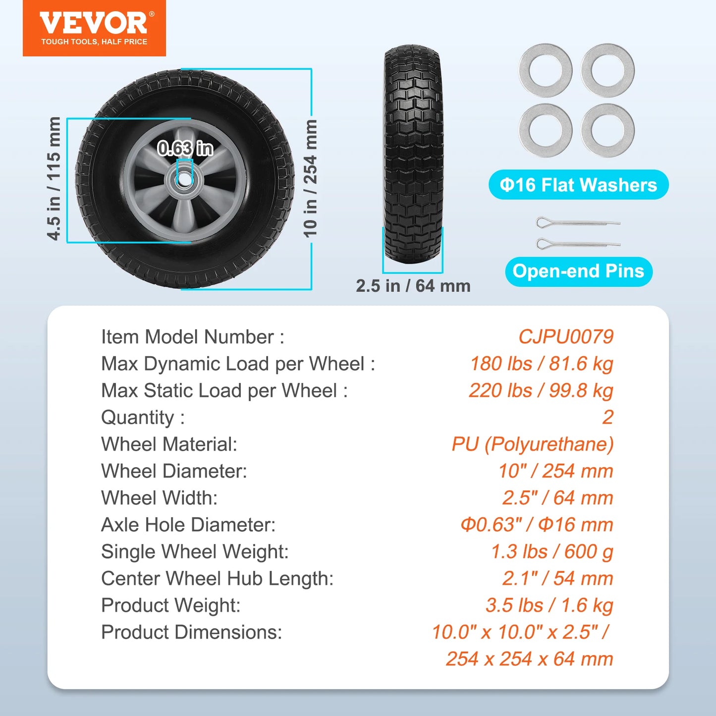 2-Pack Solid PU Run-Flat Tire Wheel 10" Flat Free Tubeless Tires and Wheels for Dollies Garden Trailers Various Carts
