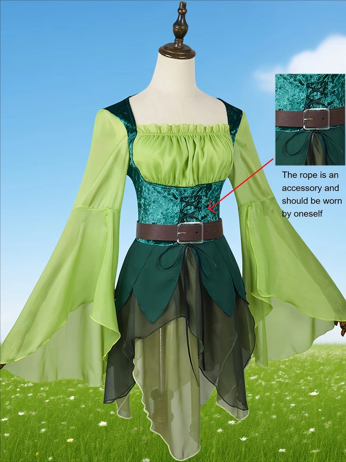 Women's Elf Medieval Green Fairy Dress Magical Elf Dress and Belt with Wings Halloween Carnival Party Cosplay Costumes