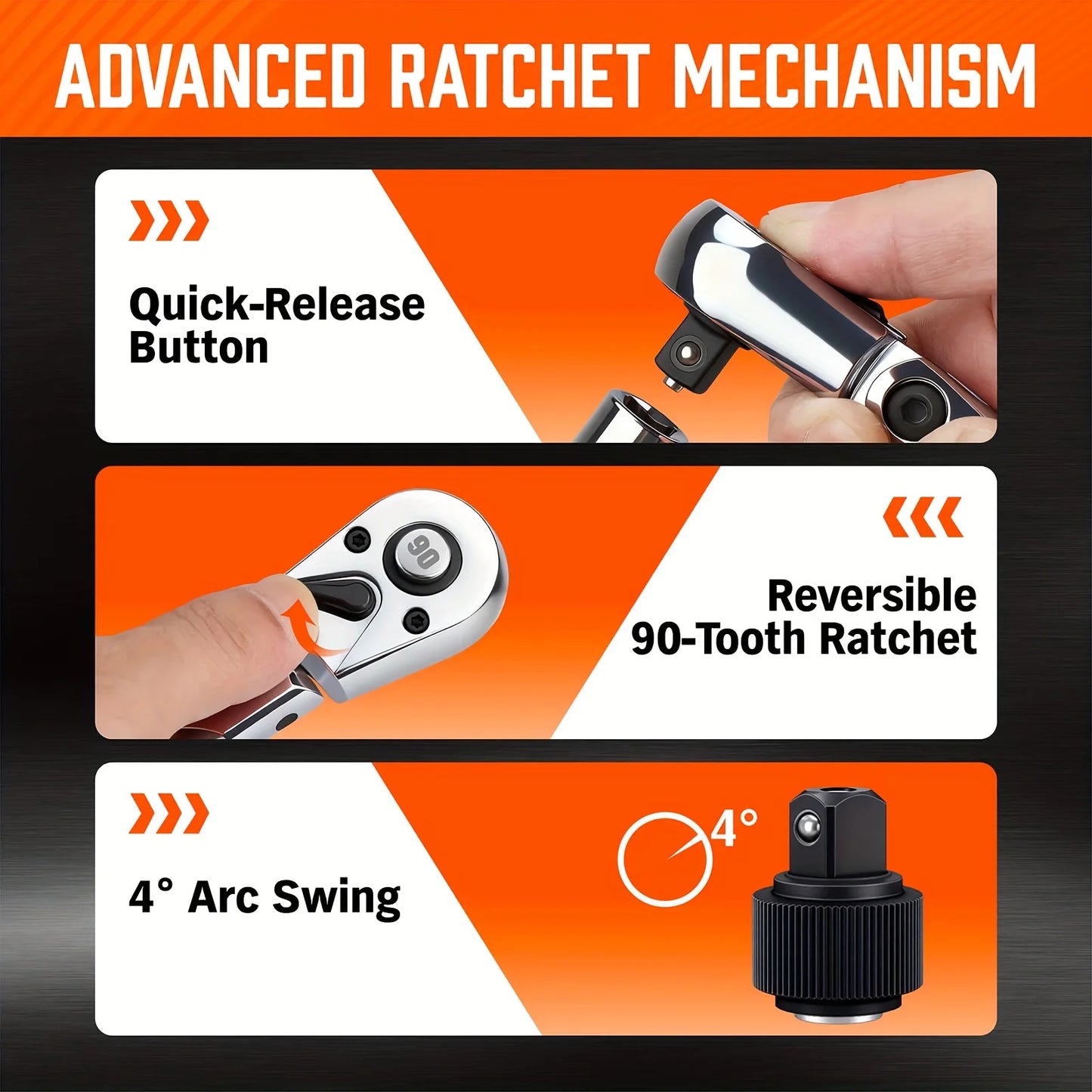 6pcs/3pcs Twist Head Ratchet Set, 1/4", 3/8", 1/2" Drive, Twist Head Ratchet Wrench with Extension Bar, 72 Teeth, 180 °   Adjustable, Quick Release, Flexible Ratchet Handle with EVA Foam.