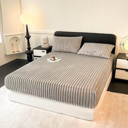 Striped Plush Fitted Sheet, Cozy Fluffy Mattress Cover