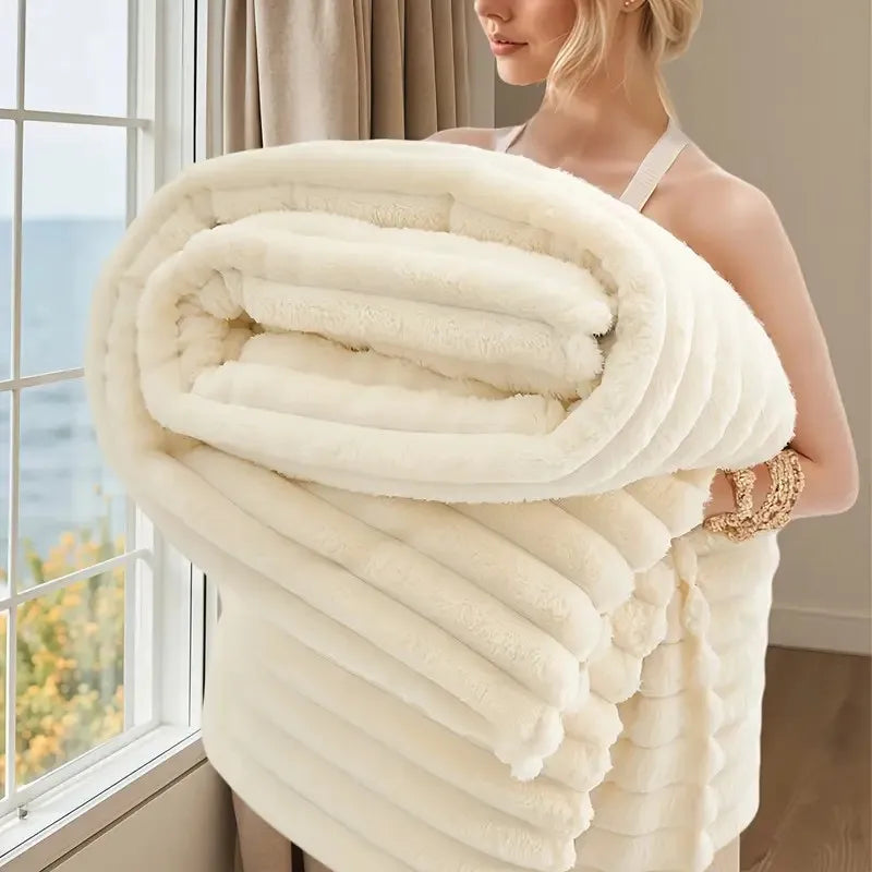 Local warehouse Striped Flannel Fleece BlanketUltra-Soft, Lightweight,Fur Rabbit Blanket 3Lbs,BEST PRICE IN US