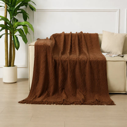 Dark Green Geometric Bobble Textured Knit Throw Blanket with Tassel Fringe, Soft Knitted Decorative Blanket, Lightweight Cozy Cover for Couch Sofa Bed, Boho Farmhouse Home Decor for Living Room Bedroom