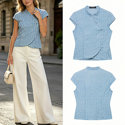 Women's Trendy Striped Short Sleeve Blouse – O-Neck Casual Commute Comfortable Summer Shirt