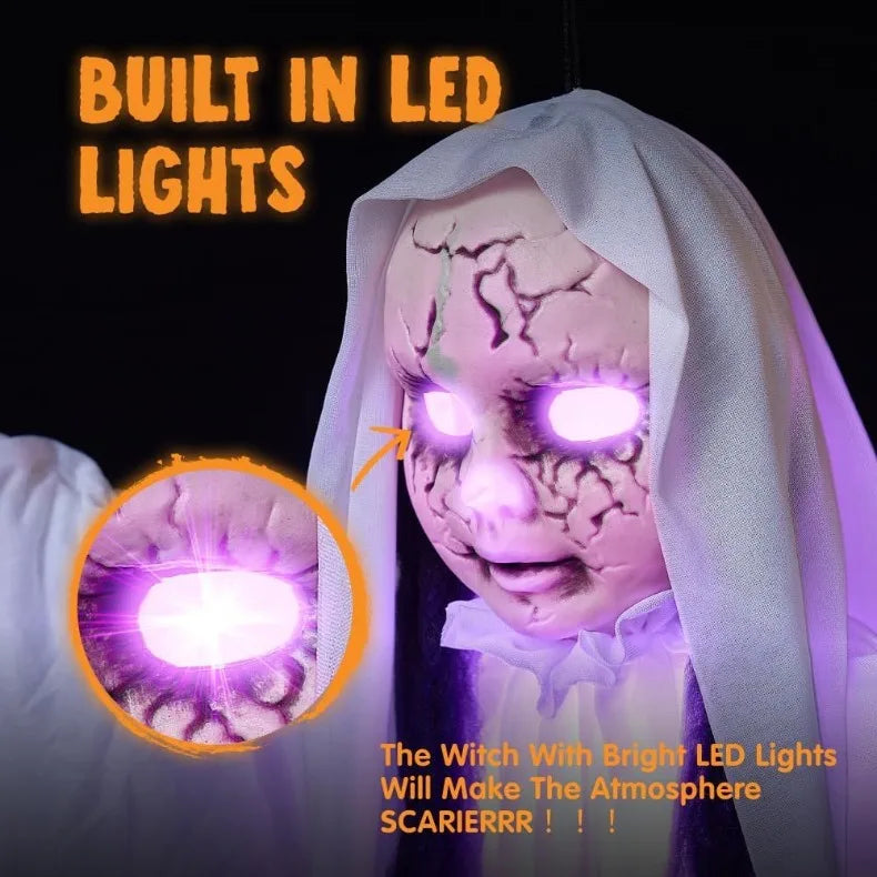 43" Outdoor Halloween Decoration, Scary Girl Hanging Ghost Decor Sound Activated with Light-up Head for Yard, Patio, Haunted House Lawn Garden,Halloween voice control glowing sound standing swaying ghost