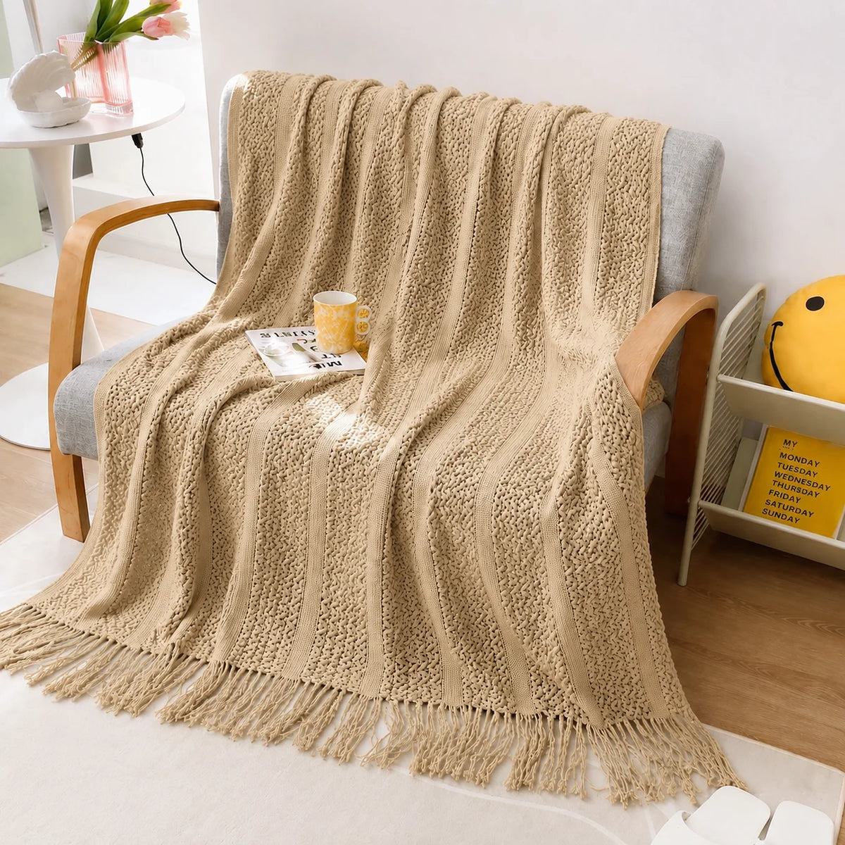 Sage Green Diamond Knit Throw Blanket with Tassels