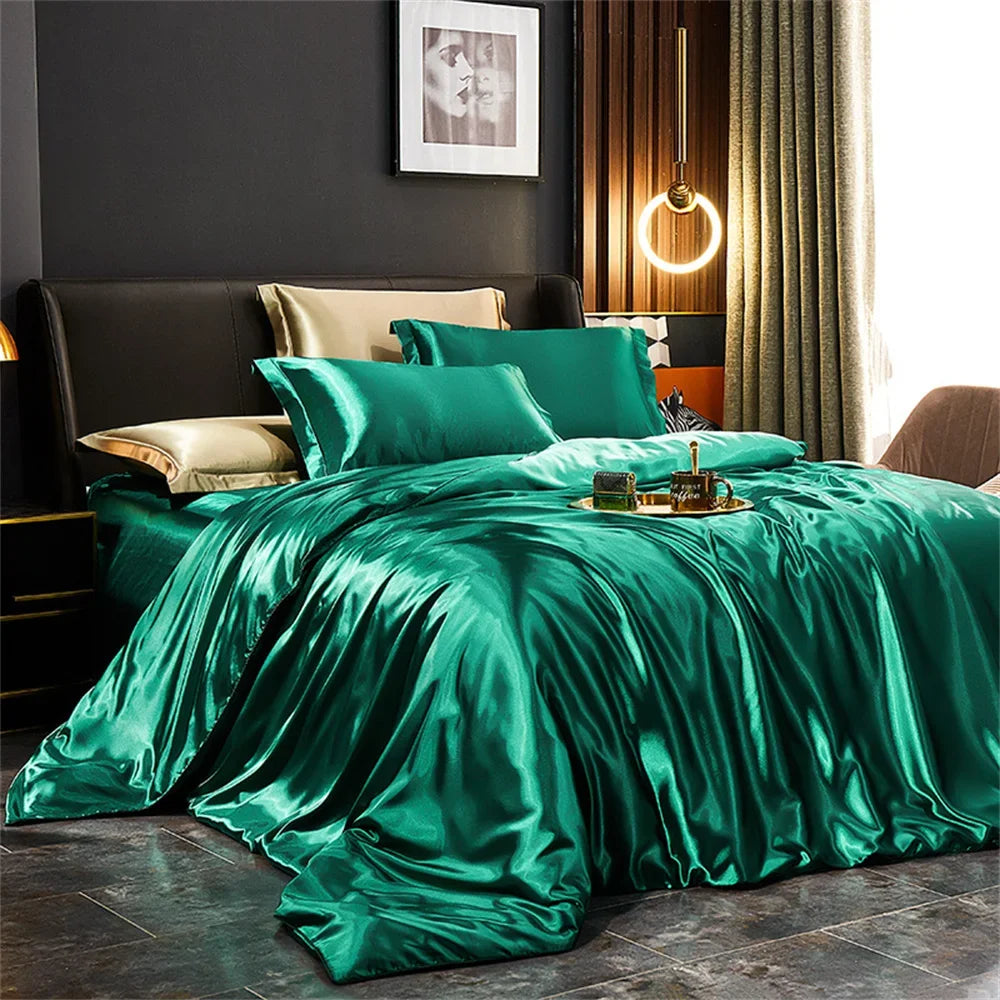 Luxury Solid Silk Satin Bedding Set – Duvet Cover, Bed Sheet & Pillowcases | Twin to King & Family Suite