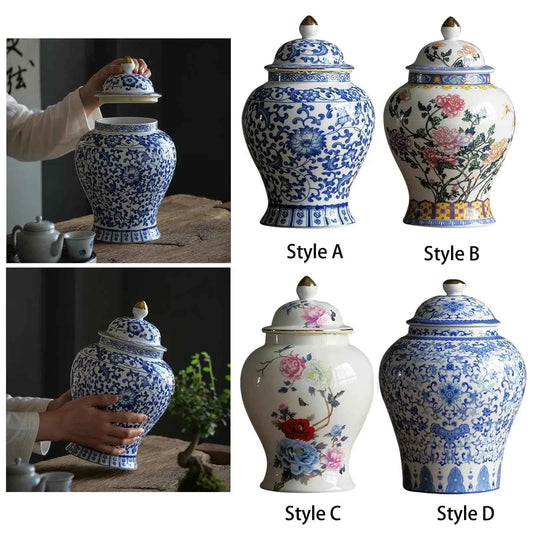 1x Blue and White Ceramic Tea Canister Porcelain Decorative Porcelain Jar Dried Flower Vase Glazed Hand Painted Desk Home Accent