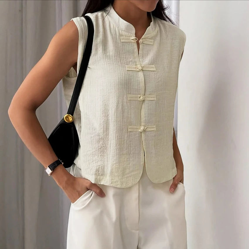Linad Women's Vintage Chinese Knot Stand Collar Vest — Sleeveless Casual Tank Top