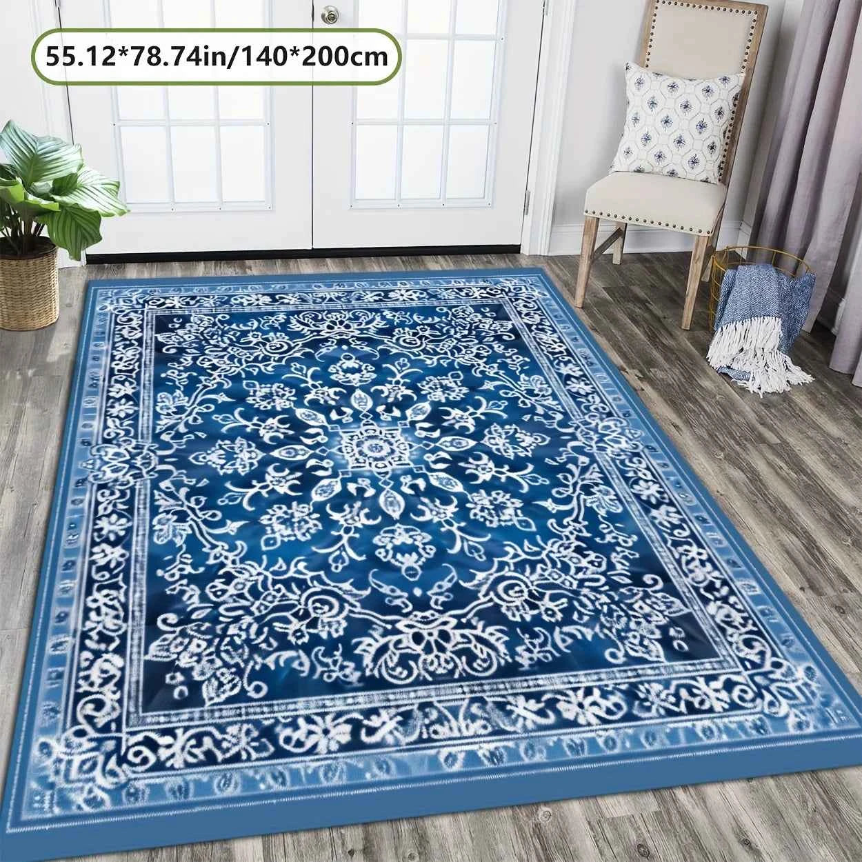 Luxurious Blue Exotic Floral Area Mat - 78.74" x 118.11", Non-Slip Backing, Machine Washable, Perfect for Living Room, Bedroom,