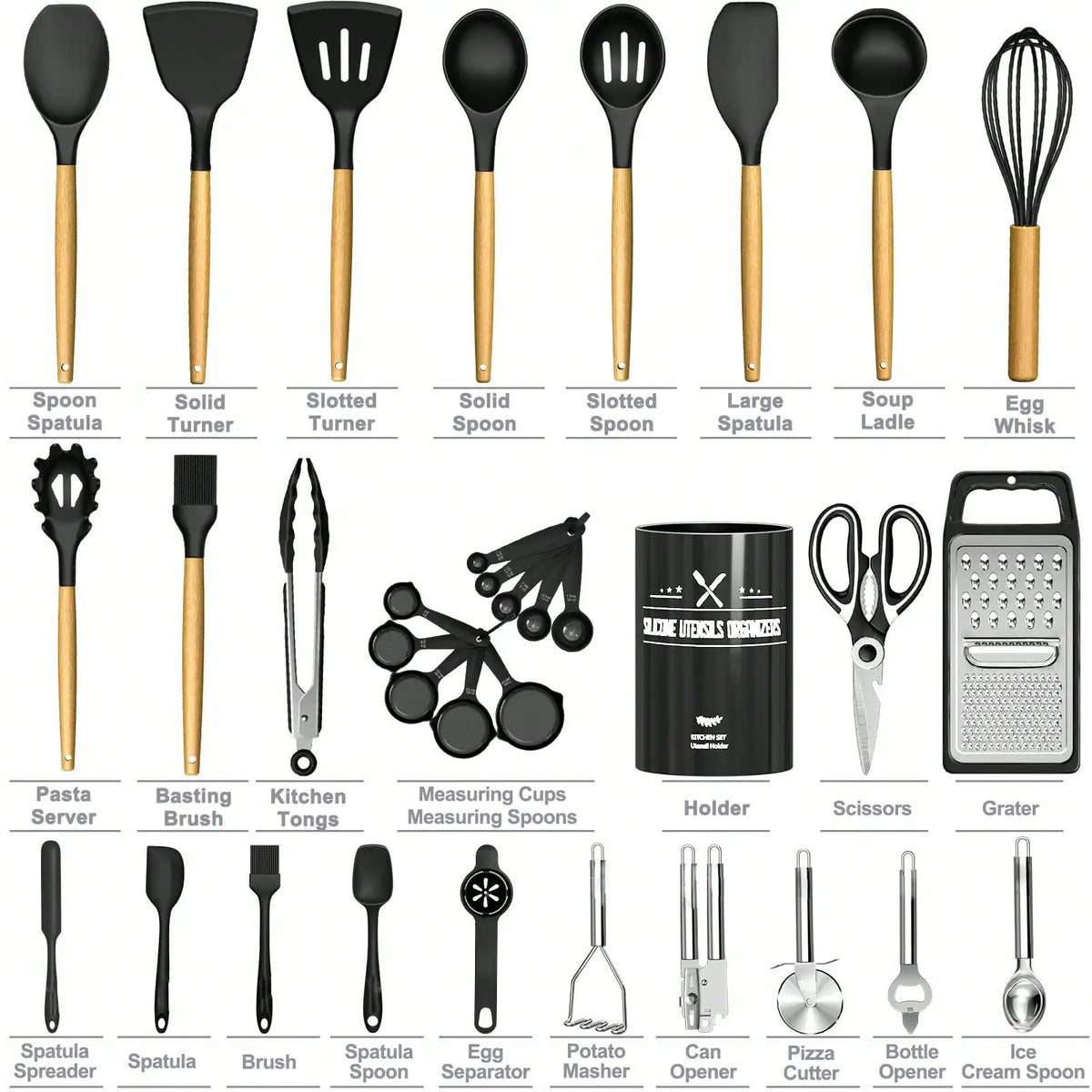 34-Piece Silicone Kitchen Utensils Set with Wooden Handles and Holder, Heat Resistant and Non-Stick Safe