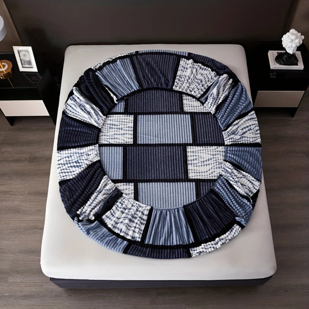 Winter Velvet Plaid Fitted Sheet, Thick Warm, Anti-Slip