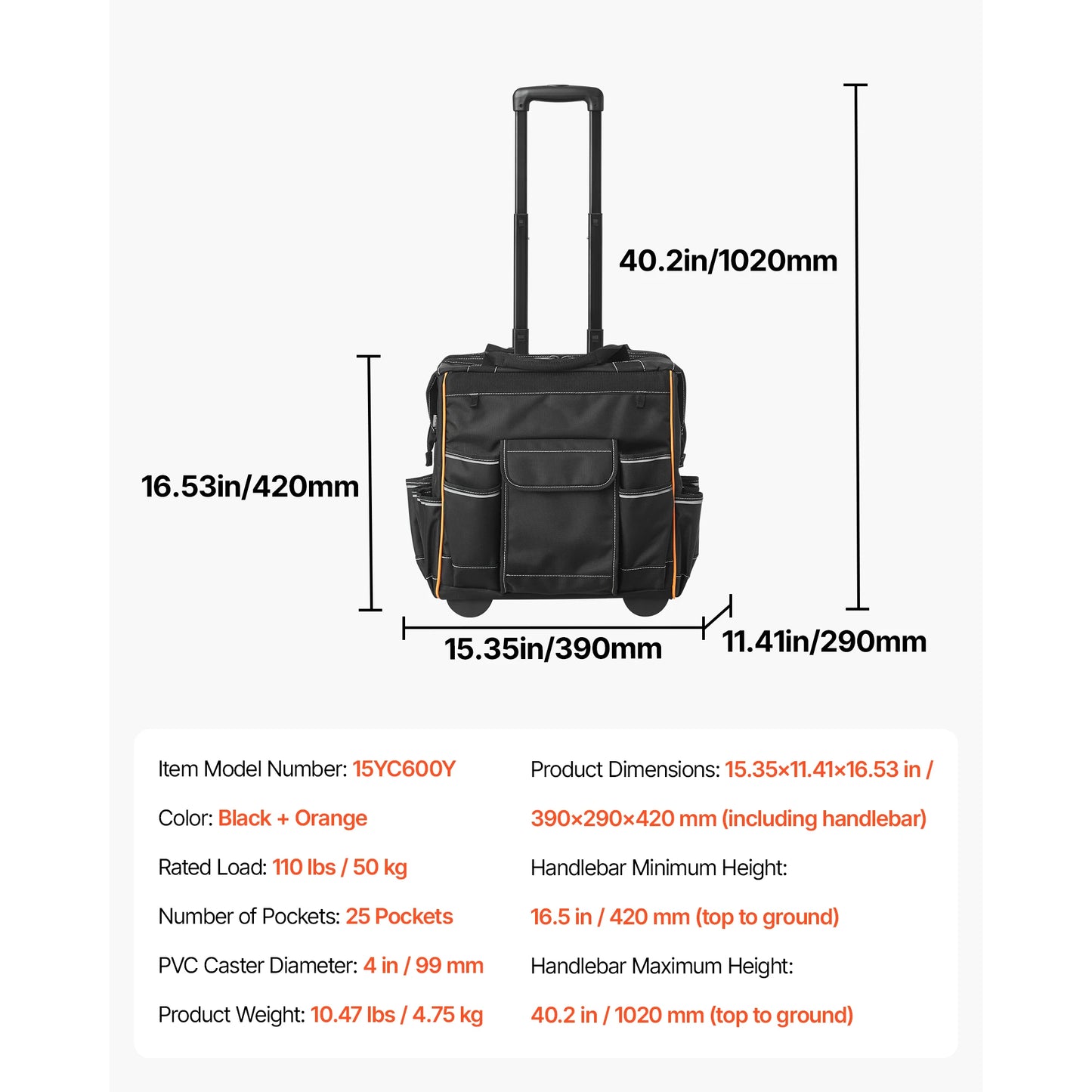 110Lbs Rolling Tool Bag 25 Pockets Roller Tool Bag on Wheels with Telescoping Handle Toolbag Organizer for Mechanic