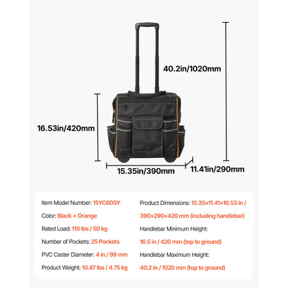 110Lbs Rolling Tool Bag 25 Pockets Roller Tool Bag on Wheels with Telescoping Handle Toolbag Organizer for Mechanic