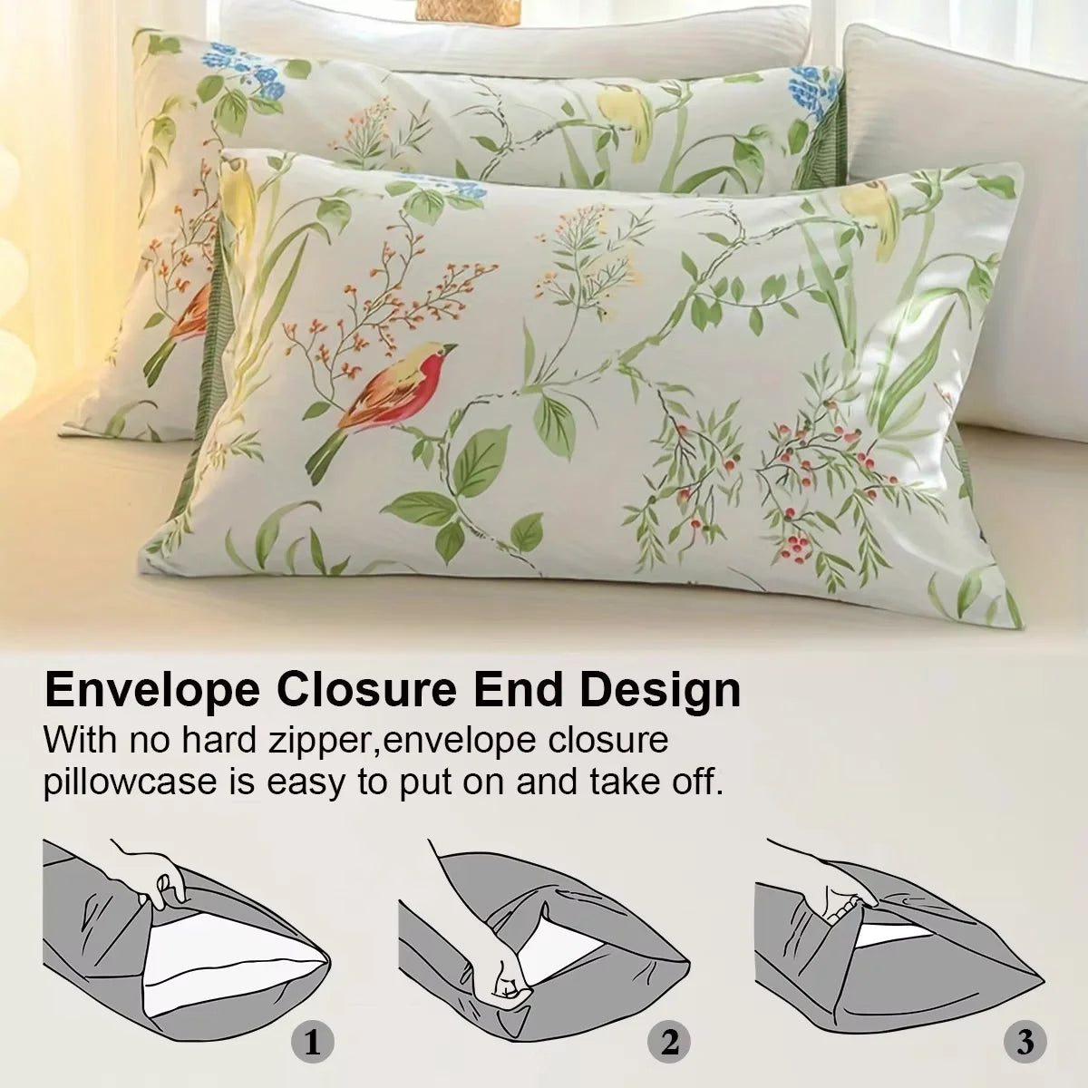 Floral & Bird Print Duvet Cover Set, 3-Piece, Breathable