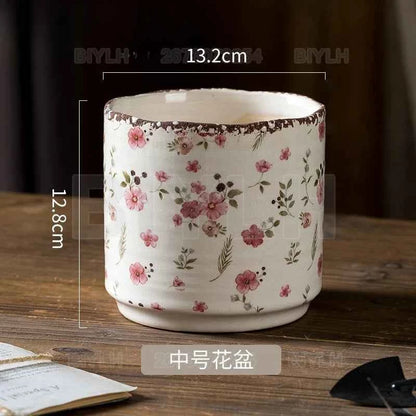 Retro Ceramic Flower Pot Indoor Home Decor Porous Breathable Flower Vase Pastoral Style Plants Potted Plants Tabletop Ornament
