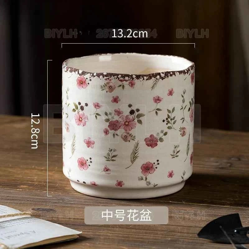 Retro Ceramic Flower Pot Indoor Home Decor Porous Breathable Flower Vase Pastoral Style Plants Potted Plants Tabletop Ornament