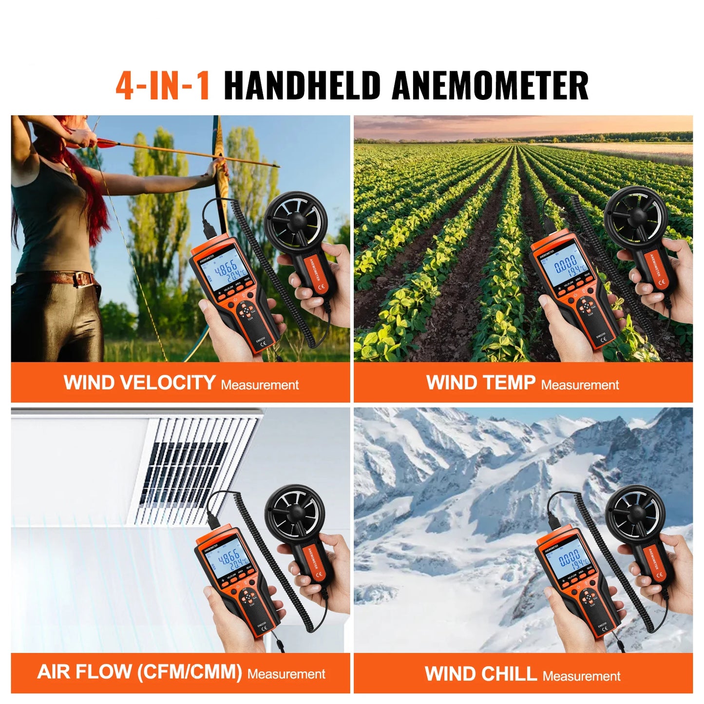 Handheld Anemometer LED Digital Wind Speed CFM Meter Gauge Measures Wind Velocity Wind Temperature Air Flow Wind Chill