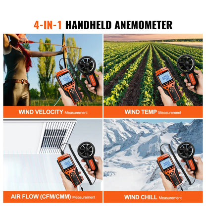 Handheld Anemometer LED Digital Wind Speed CFM Meter Gauge Measures Wind Velocity Wind Temperature Air Flow Wind Chill