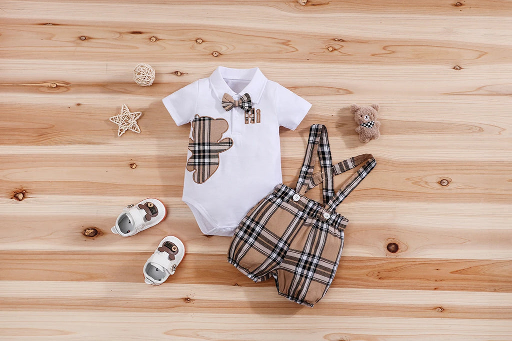 Plaid Bear Print Bodysuit & Suspender Trousers Set