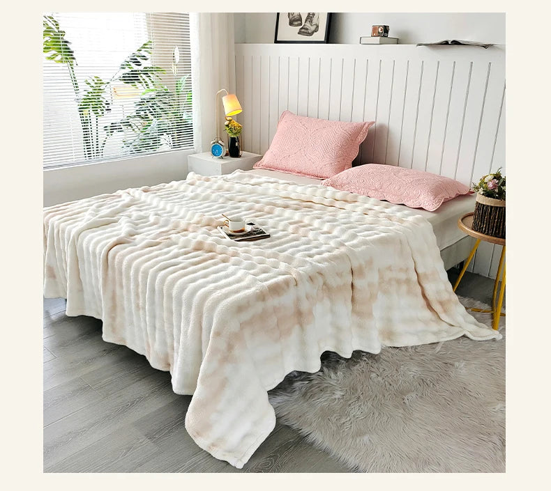 Gradient Bubble Fleece Throw Blanket Cozy Soft Plush Multipurpose Nap Blanket for Bedroom Sofa Faux Rabbit Fur Travel Blankets