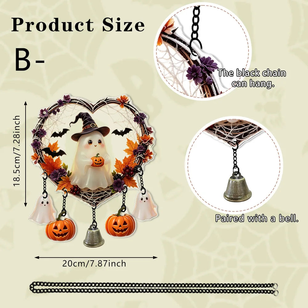 Halloween Heart Wreath Acrylic Hanging Decor, 2D Ghost Owl Ornament, Cute Spooky Halloween Wall Door Hanging Sign, Festive Gothic Home Decoration