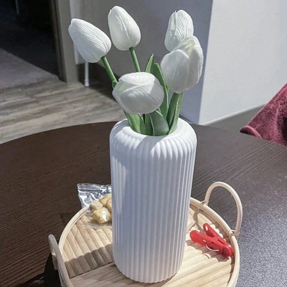 Striped Ceramic-Look Vase — Lightweight Decorative Flower Vase for Home & Floral Display