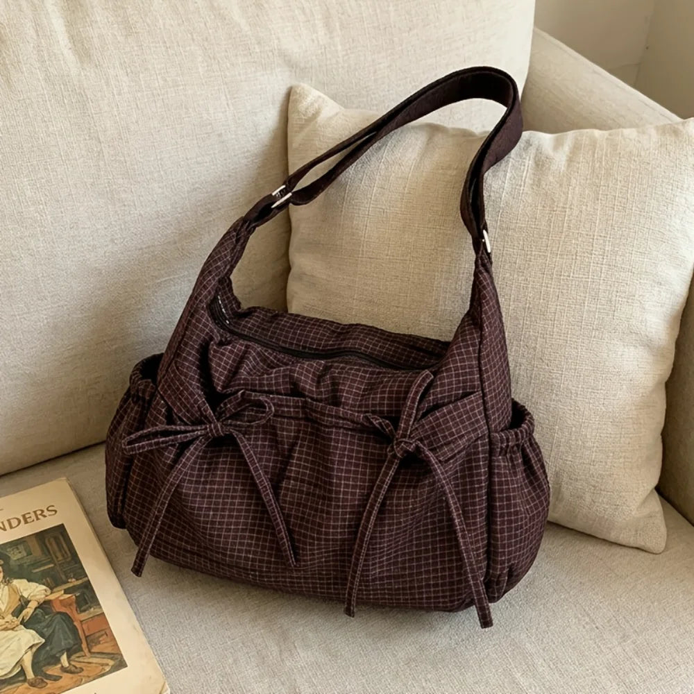 Vintage Plaid Shoulder Bag with Cute Bow Decor