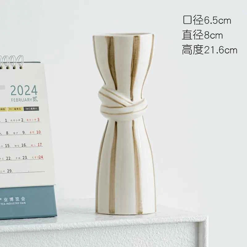 Double Ear Ceramic Vase, Abstract Black and White Striped Hydroponic Vase, Living Room Decoration, Room Aesthetic Decoration