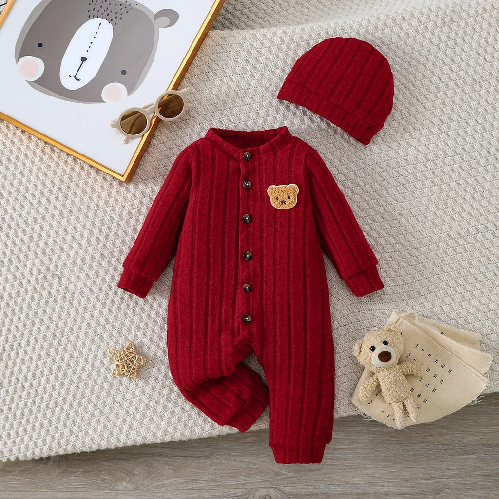【Baby Boy】Autumn & Winter Red Onesie with Front Single-Breasted Buttons and Cute Bear Badge on Chest + Red Hat Set Featuring a W