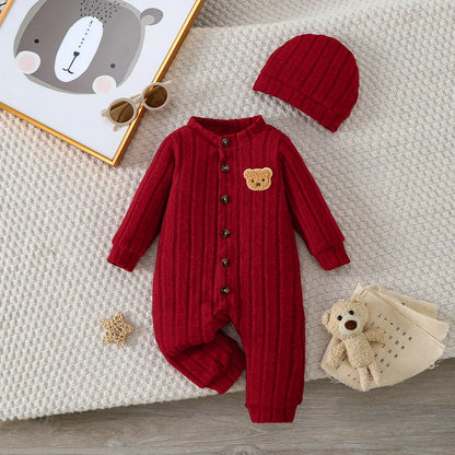 【Baby Boy】Autumn & Winter Red Onesie with Front Single-Breasted Buttons and Cute Bear Badge on Chest + Red Hat Set Featuring a W