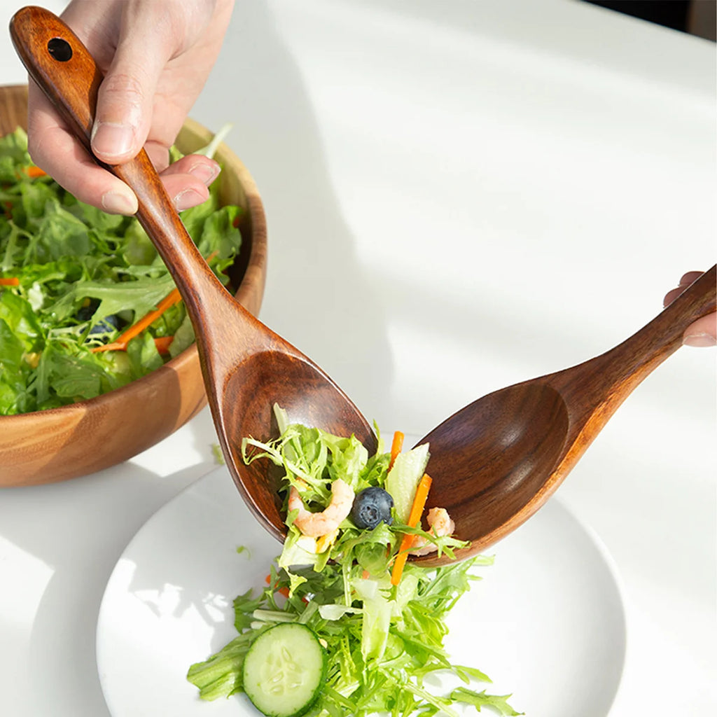 2Pcs Wooden Salad Servers Spoon Fork Set Long Handle Large Dinner Serving Cooking Untensils Cutlery Kitchen Tableware