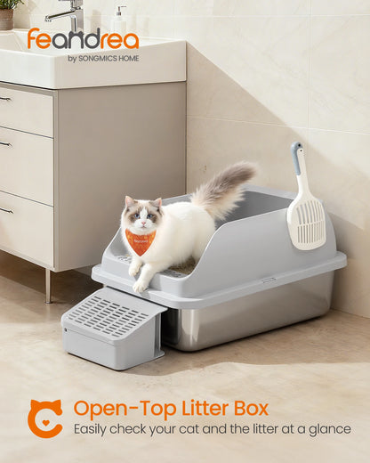 Stainless Steel Open Top Cat Litter Box — High Sided with Step, Scoop & Brush