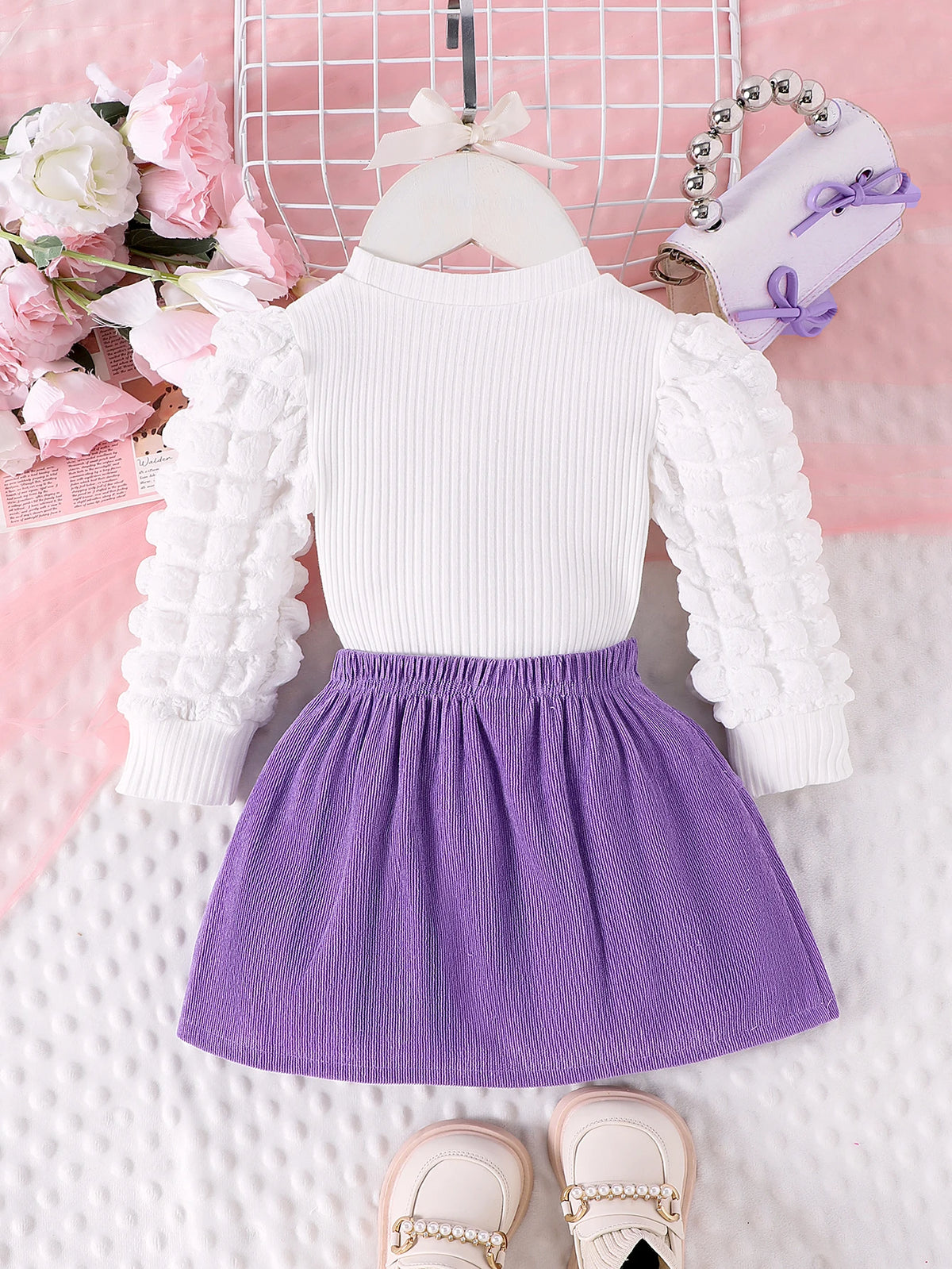 Bubble Sleeve Top & Skirt Set for Girls 1-3 Years